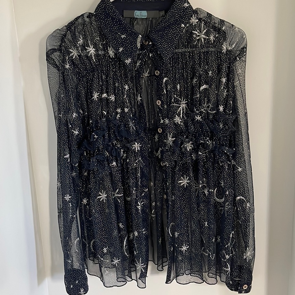 NWOT Anthropologie/Eva Franco Navy Sheer Silver Star Blouse size small